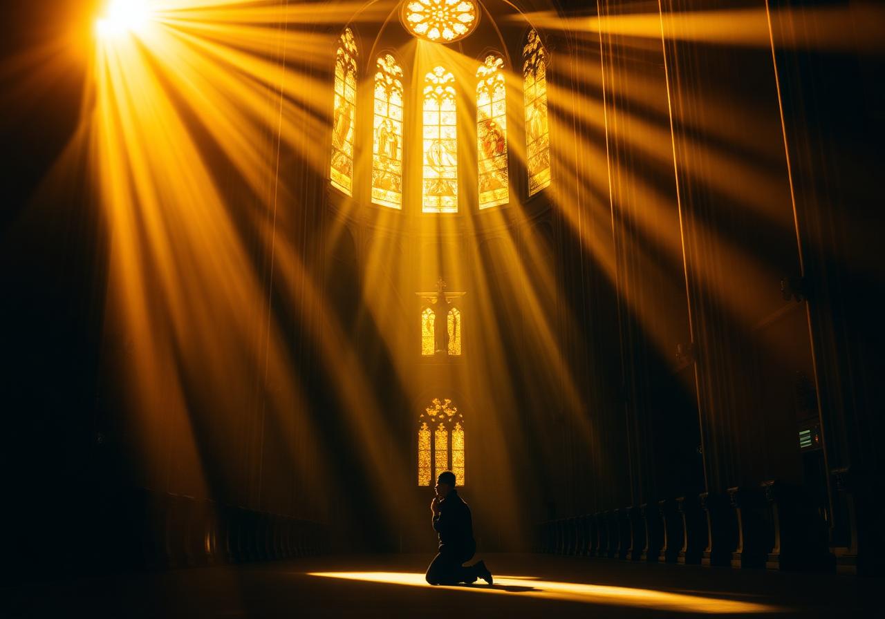 Silueta en oración bajo la luz divina dorada en una catedral